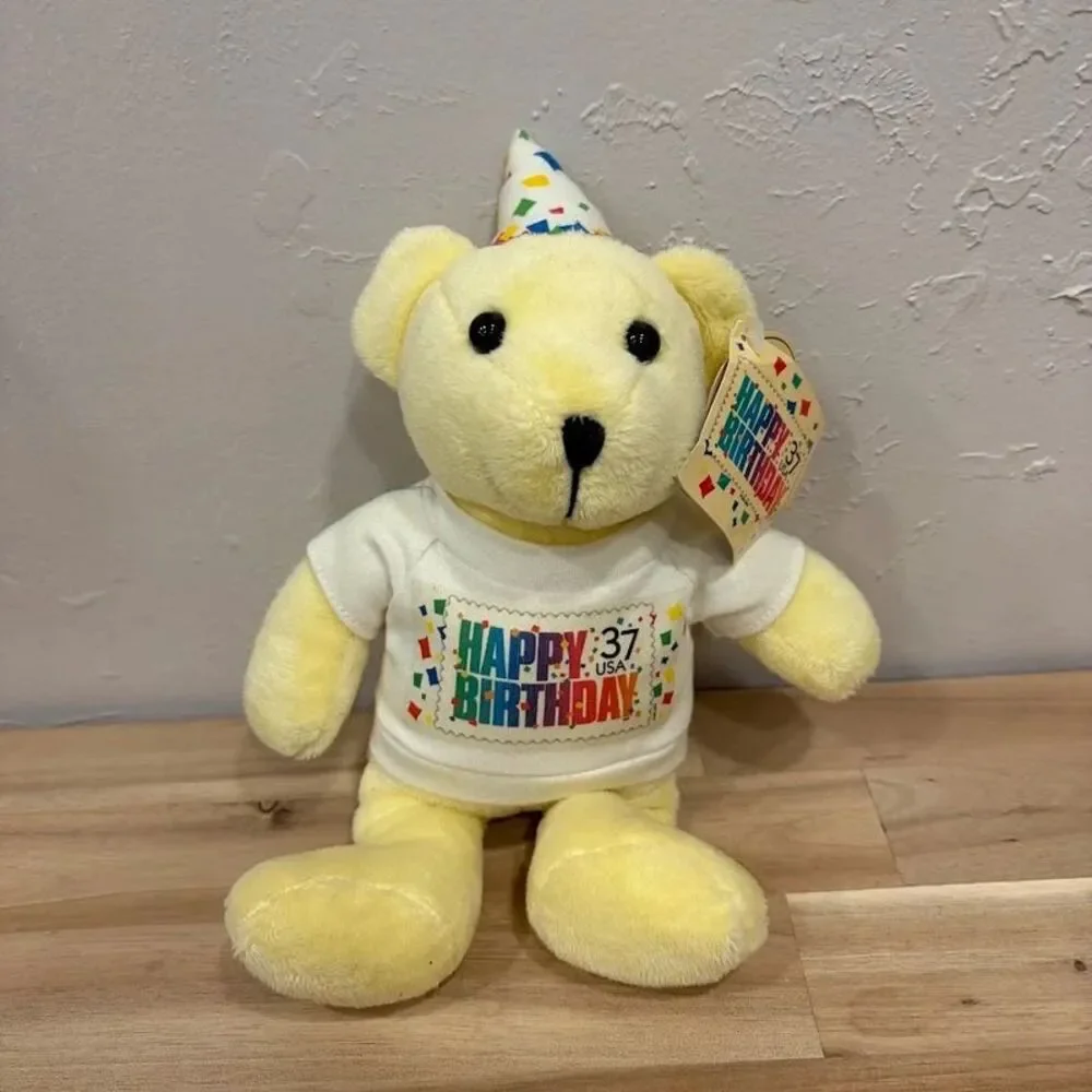 Happy Birthday Bear 37 cent Postal Stamp Plush Yellow 10” T Shirt Bear